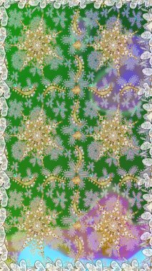 Süslü dekorasyon. Raster illüstrasyonu. Damask altın soyut çiçek yeşil renklerde pürüzsüz desen.