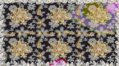 Kusursuz kraliyet lüksü, altın barok kumaş rengi. Altın antika ortaçağ dekoratifi, yapraklar ve gri renkli altın desenli süslemelerle pürüzsüz bir desen..