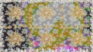 Doğu tarzında klasik tasarım öğesi. Gri renkli geleneksel Arapça dekor. Süslü dantel iz sürücü. Çiçekli süslemeli, pürüzsüz bir desen. Duvar kağıdı için altın süslü illüstrasyon.