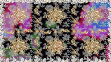 Gri renklerde, altın elementlerle kusursuz desen. Kusursuz altın desenli bukleler. Raster. Doğu tarzı arabesk. Hassas altın deseni açın. Parlak dantel, stilize çiçekler, şal desenli.