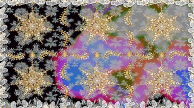 Lüks, kraliyet ve Viktorya dönemi konsepti. Süslü raster dekorasyonu. Gri renklerdeki altın element. Klasik barok çiçekli desenli altın renginde gri renkte..