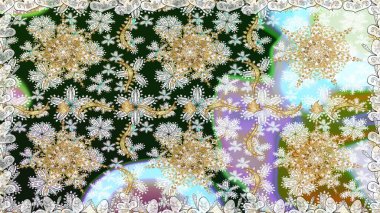 Tarafsız renklerde altın. Doğum günü kartı, davetiye ya da afiş için iyidir. Raster illüstrasyonu. Dekoratif simetri arabesk. Kusursuz ortaçağ çiçek desenleri..