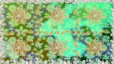 Kusursuz altın desen. Yeşil renklerde, altın elementlerle kusursuz desen. Raster doğulu süsü.