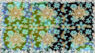 El yapımı dekoratif çerçeve, albüm kapağı, tebrik kartı, klasik Art deco tarzı. Raster soyut çiçek çelengi altın karalama fantezi yaprakları ve tarafsız renklerde çiçek.