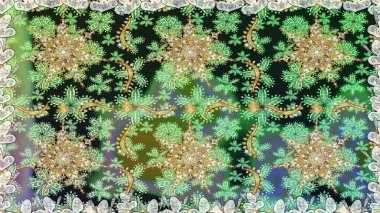 Antika altın tekrarlanabilir duvar kağıdı. Damask pürüzsüz yineleme kalıbı. Barok tarzında altın çiçekli süs. Yeşil renkte altın element.