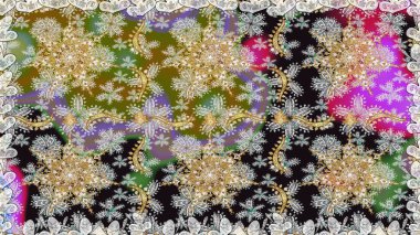 Gri renkler ve altın elementler üzerinde altın pürüzsüz desen. Kusursuz damaske klasik altın desen. Tekrarlayan elementlerle soyut arkaplan oluşturun. Raster illüstrasyonu.