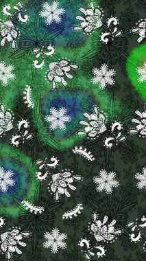 Yeşil ve gri renkte etnik çiçeklerle süslenmiş zarif bir eskiz. Raster Çiçek İllüstrasyon Şirin Tekstil.