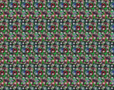 Çok yeşil ve gri zarif küçük çiçekler ve yeşil ve gri renkli komik böcekler, raster desen, illüstrasyon.