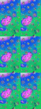 Raster illüstrasyonu. Mavi ve yeşil renkli Asya tekstili. Çiçek desenini çiz.