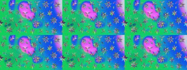 Dallı bahar çiçekleri ile desen, mavi ve yeşil renkler ile çiçek silueti. Raster deseni.