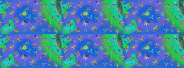 Tekstil, kumaş, kapaklar, duvar kağıtları, baskı, naylon, koleksiyon defteri, örgü, dekupaj için güzel bir eskiz. Millefleur 'lar. Küçük mavi ve yeşil renkte güzel bir besin torbası deseni, çiçekler..