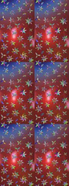 Eskiz arkaplan modeli. Yapraklı çiçekler ve kahverengi ve kırmızı renklerde papatya çiçekleri. Raster - stok.