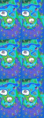 Tatil havası. Mavi ve yeşil renkli çiçekler. Raster güzel bir çiçek deseni çizmiş. Nazik romantik baskı. Bahar mevsimi.