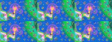 Raster illüstrasyonu. Asya tekstil tarzında. Raster illüstrasyonu. Çiçek desenli çizim. Mavi ve yeşil renkte çiçekler.