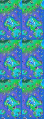 Düz Çiçek Elementleri Tasarımı. Renkli Bahar Teması eskiz kalıbı. Sevimli çiçek raster deseni. Mavi ve yeşil renkte çiçekler.