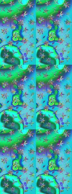 Mavi ve yeşil lale çiçekli Raster eskiz deseni. Karşılama ya da düğün geçmişi olarak kullanılabilir. Paket kağıdı için en iyisi. Doğal kozmetik ürünleri, parfüm, çiçekçi dükkanı için bahar ihalesi tasarımı.