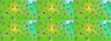 Yeşil ve mavi renkte çiçekler. Hediye ambalaj kağıdı, tebrik kartları, posterler ve pankart tasarımı. Raster düz çiçek çizim deseni.