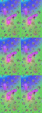 Renkli Bahar Teması eskiz kalıbı. Düz Çiçek Elementleri Tasarım Raster illüstrasyonu. Yeşil ve mor renkli çiçekler. Çiçek eskiz kalıbı geçmişi.