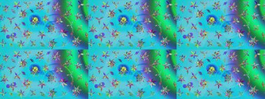 Raster illüstrasyonu. Çizim çiçek deseni duvar kâğıdı olarak kullanılabilir. Mavi ve yeşil renkte çiçekler.