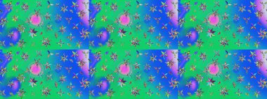 Raster illüstrasyonu. Mavi ve yeşil renklerde. 3D çiçekler, çizim.