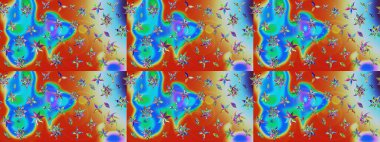 Mavi ve turuncu renkli etnik çiçekli zarif eskiz deseni. Raster Çiçek İllüstrasyonu güzel tekstil..