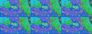 Raster illüstrasyonu. Egzotik çiçekler, mavi ve yeşil renkler üzerine botanik ve parlak klasik doğa. Klasik tropikal doğal elementlerin suluboya seti.