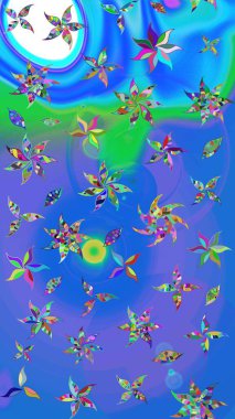 Mavi ve menekşe renkleri üzerine karalamalar çizilmiş çiçek deseni. Raster illüstrasyonu.