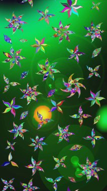 Raster düz çiçek çizim deseni. Hediye ambalaj kağıdı, tebrik kartları, posterler ve pankart tasarımı. Yeşil ve gri renkte çiçekler.