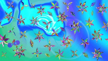 Nazik, narin çiçek arkaplanı. Çiçekli karalama şeklinde Raster çiçek deseni. Mavi ve yeşil renkte çiçekler.