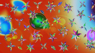 Düz Çiçek Elementleri Tasarımı. Çiçekler turuncu ve kırmızı renklerde. Renkli Bahar Teması eskiz kalıbı. Çiçekli çiçek deseni, suluboya. Raster illüstrasyonu.