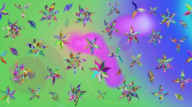 Raster Floral Illustration, Asyalı tekstil. Yeşil ve mor renkli etnik çiçeklerle zarif eskiz deseni.