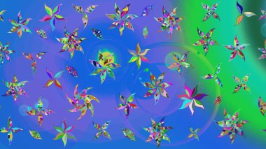 Renkli Bahar Teması eskiz kalıbı. Düz Çiçek Elementleri Tasarımı. Mavi ve yeşil renkli çiçekler. Raster illüstrasyonunda çiçek deseni çizimi.