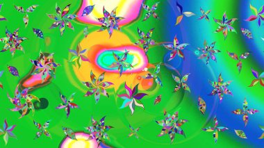 Düz Çiçek Elementleri Tasarımı. Yeşil ve mavi renkte çiçekler. Renkli Yaz Temalı eskiz kalıbı. Raster illüstrasyonunda çiçek deseni çizimi.