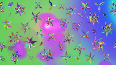 Şirin karalamalı çiçek desenli çizim. Eskiz stili yeşil ve mor renkte. Raster illüstrasyonu. Raster illüstrasyonu. El yapımı çiçek ve bitki koleksiyonu.