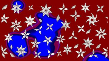 Kırmızı ve mavi renkli bitkilerden oluşan parlak çiçekli çizim deseni.