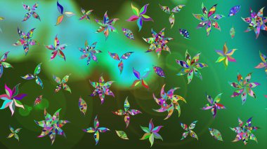 Hediye ambalaj kağıdı, tebrik kartları, posterler ve pankart tasarımı. Raster düz çiçek çizim deseni. Yeşil ve mavi renkte çiçekler.