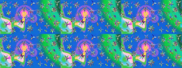 Raster illüstrasyonu. Asya tekstil tarzında. Raster illüstrasyonu. Çiçek desenli çizim. Mavi ve yeşil renkte çiçekler.