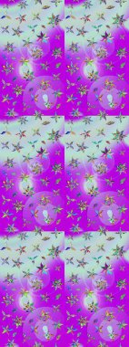 Patlayan çiçekler soyut olarak yerleştirilmiş. Raster deseni. Yumuşak, bahar çiçekleri mor ve nötr renklerde. Raster illüstrasyonu.