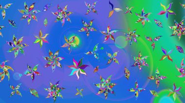 Raster illüstrasyonu. Yumuşak, yaz çiçekleri mavi ve yeşil renklerde. Raster çiçek desenli ve çiçekli..