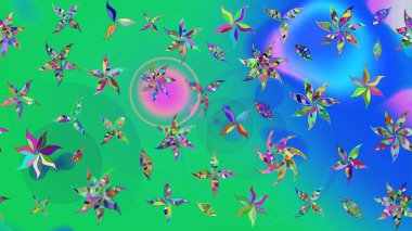 Yeşil ve mavi renkte çiçekler. Düz Çiçek Elementleri Tasarımı. Renkli Yaz Temalı eskiz kalıbı. Raster illüstrasyonunda çiçek deseni çizimi.