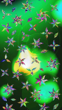 Raster Floral Illustration, Asyalı tekstil. Yeşil ve gri renkte etnik çiçeklerle süslenmiş zarif bir eskiz..