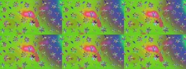 Raster Illustrasyon 'daki Çiçek Deseni' nin son moda çizimi. Yeşil ve mor renkli çiçekler. Düz Çiçek Elementleri Tasarımı. Renkli Yaz Teması çizim şablonu.