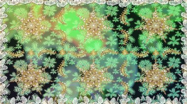 Raster illüstrasyonu. Yeşil renkte altın. Kusursuz ortaçağ çiçek deseni. Doğum günü kartı, davetiye ya da afiş için iyidir. Dekoratif simetri arabesk.