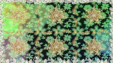 Damask pürüzsüz yineleme kalıbı. Yeşil renklerdeki altın element. Barok tarzında altın çiçekli süs. Antika altın tekrarlanabilir duvar kağıdı.