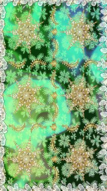 Senin tasarımın için, duvar kağıdı. Yeşil renklerde, altın çiçekli altın desenli desen. Altın rengi, kusursuz çizim. Raster geometrik arkaplanı.