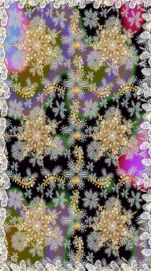 Altın antika ortaçağ dekoratifi, yapraklar ve gri renkli altın desenli süslemeleri olan pürüzsüz bir şablon. Kusursuz kraliyet lüksü, altın barok kumaş rengi..