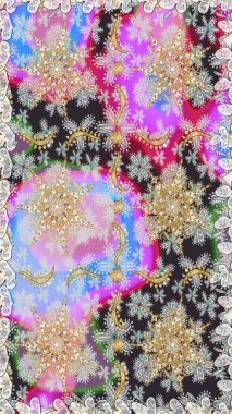 Raster. Doğu tarzı arabesk. Parlak dantel, stilize çiçekler, şal desenli. Kusursuz altın desenli bukleler. Hassas altın deseni açın. Gri renklerde, altın elementlerle kusursuz desen.