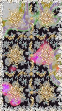 Raster illüstrasyonu. Kusursuz desenli altın elementler. Gri renkli Royal retro. Klasik çiçek dokusu. Altın şablon. Kart, duvar kağıdı, ambalaj, tekstil için klasik tasarım.