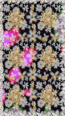 Gri renklerdeki altın element. Altın çiçekli, pürüzsüz desen. Damask arkaplanı. Barok tarzında altın çiçekli süs..