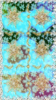 Noel, kar tanesi, yeni yıl 2019. Mavi renklerde, altın elementlerle kusursuz klasik desen.